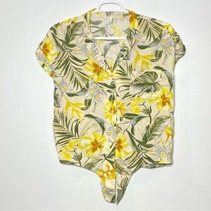 Old Navy Shirt Women's M Yellow Floral Button-Up Tie Hem Short Sleeve Tropical